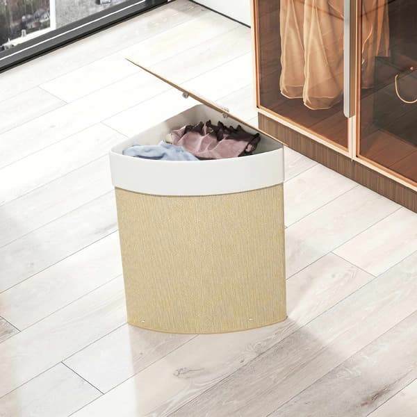 Hörntvättkorg i bambu med lock, 55 l, krämfärgad