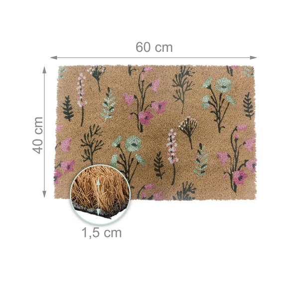 Kokosnøddemåtte, botanisk design, 60 x 40 cm