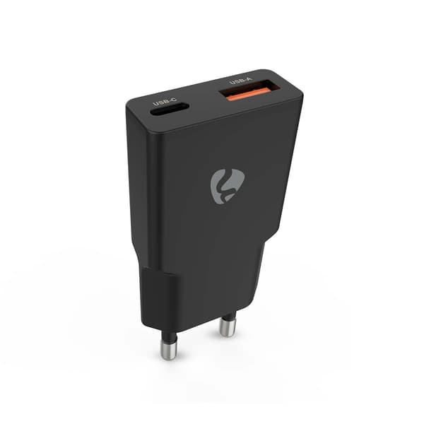 Dual Port GaN Vægoplader, 20W PD3.0, USB-A/C, Sort