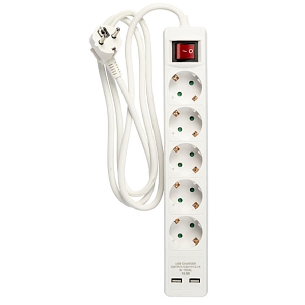 Pistorasia 5-napainen liitin, 2x USB, 1,5 m