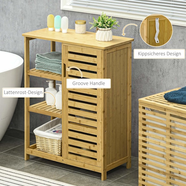 Kylpyhuonekaappi kylpyhuonekaappi kaappiosastolla & 3 avointa tasoa, wc-kaappi, kärkisuojaus, sivukaappi, bambu, luonnollinen