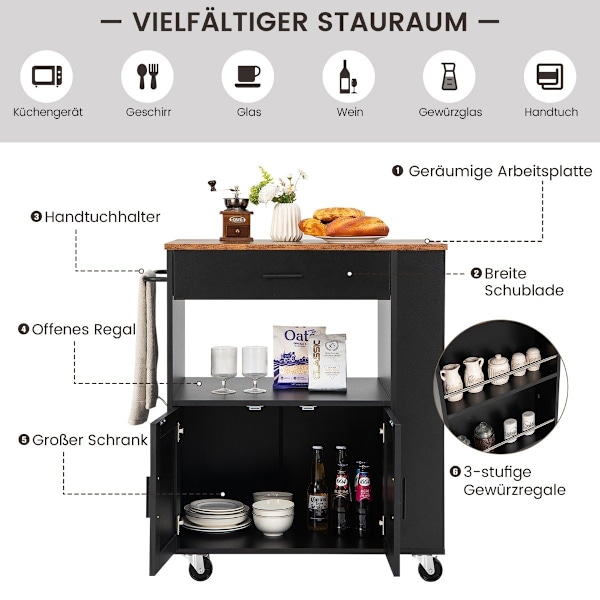 Köksvagn rullande serveringsvagn med 3 kryddställ 82 x 46 x 92 cm svart