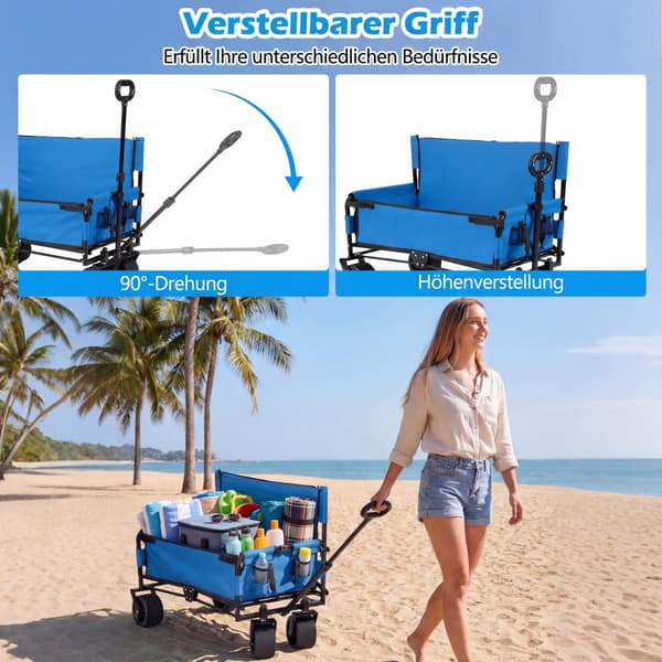Hopfällbar strandvagn med säte och justerbart handtag