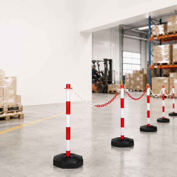 Plastavspärrningsstolpar med kedja, röd/vit – 10-pack
