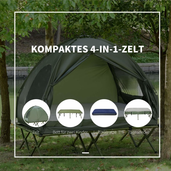 Korotettu Telttasänky Ja Teltta Camp Bed Kupoliteltta Ilmapatjalla Pumpulla Taffeta Green 193 X 136 X 178 Cm