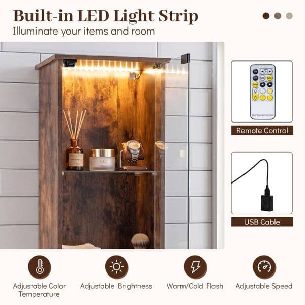 Högt badrumsskåp med LED-belysning och fjärrkontroll