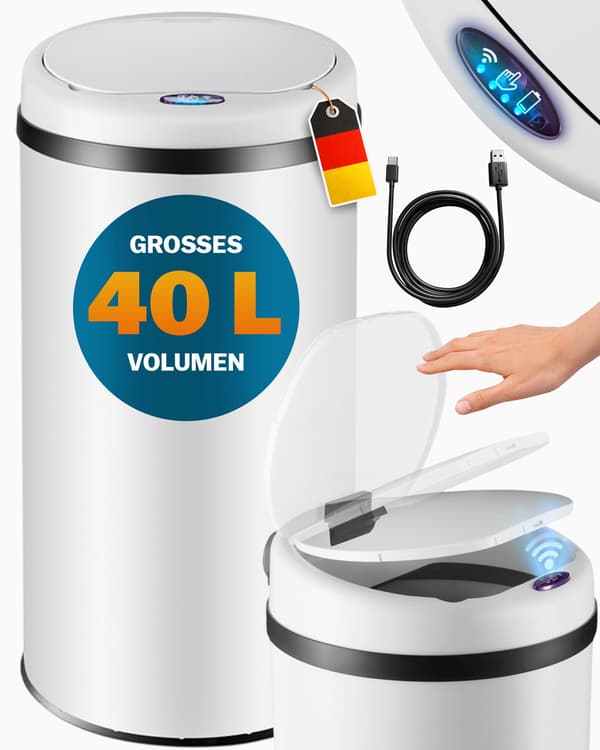 Hvid sensorbeholder i rustfrit stål, 40 liters kapacitet
