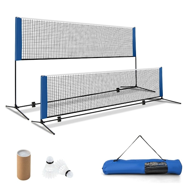 Sulkapalloverkko jalustalla, sulkapalloverkon korkeus säädettävissä 2 sulkapallolla ja kantolaukku 420 x 102 x 89-155 cm