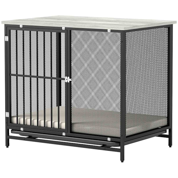 Hundbur för hemmet, Låsbar hundkennel med kudde, Hundlåda med pallar, Hundhus för medelstora hundar under 20 kg, Grå, 88 x 55 x 71 cm