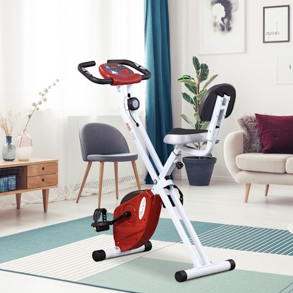Motionscykel Cykeltræner Med 8 Niveauer Af Justerbar Magnetisk Modstand, Højdejusterbar Stål Rød + Hvid 43 X 97 X 109 Cm