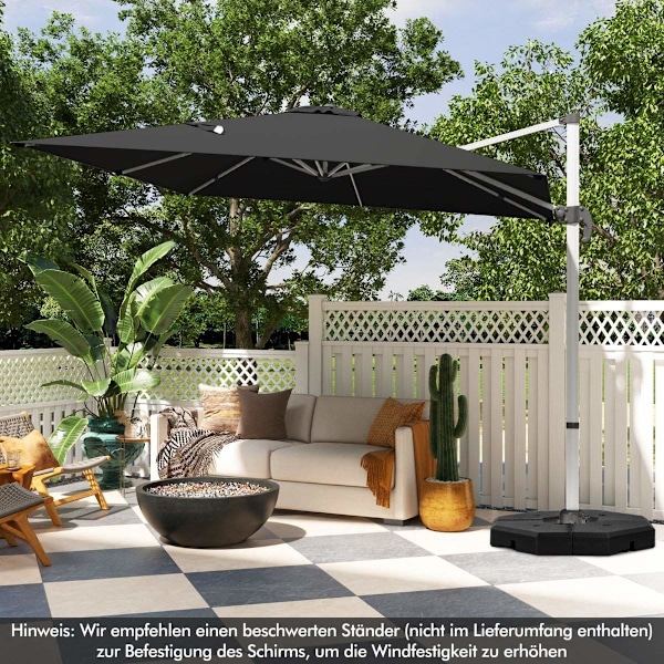 Rektangulær parasol 300 x 300 cm stor cantilever parasol med håndsving sort