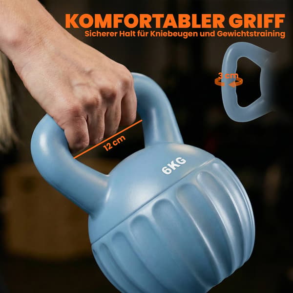 Kettlebell 6kg sandfyldt, skridsikkert greb, blå