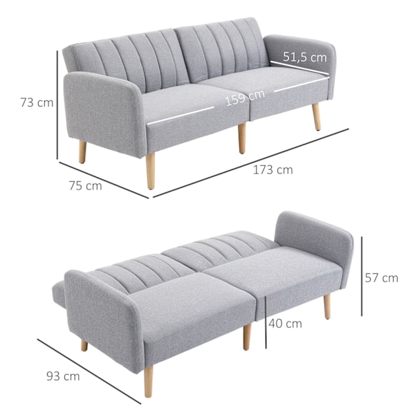 Bäddsoffa, 2-sits soffa med sovfunktion, justerbart ryggstöd, tjockt vadderad soffa, armstöd, bäddsoffa med träben för vardagsrum, gästrum, 173 x 75 x