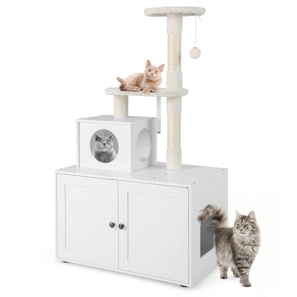 Kattskåp med skrapstolpe & sisal skrapstolpshus för katttoaletter kattmöbler vit