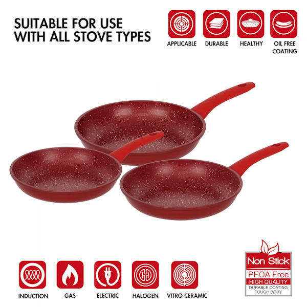Herzberg HG-04807RED: 3 delar marmorbelagd smidd stekpanna Set - Röd