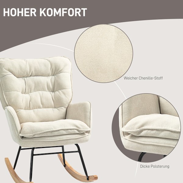 Gyngestol, lænestol, ammestol med chenille-look, gyngestol op til 120 kg bæreevne til soveværelse, stue, beige