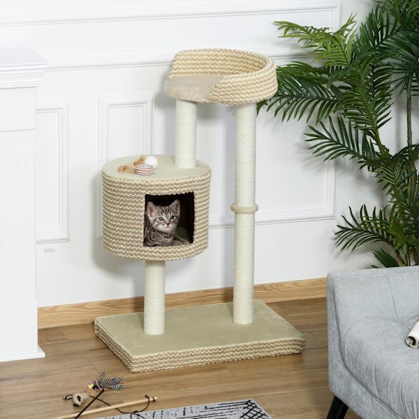 Kattetræ-Skrabestolpe Med Udsigtsplatforme, Beige Og Kaffe, Spånplader, Plys, Jute, 61X41X96Cm