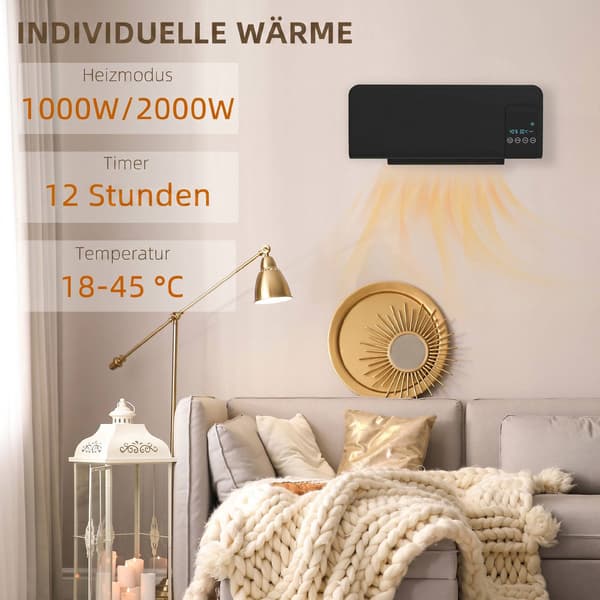 Väggmonterad elektrisk värmare, svart, 2 lägen, timer, LED-display