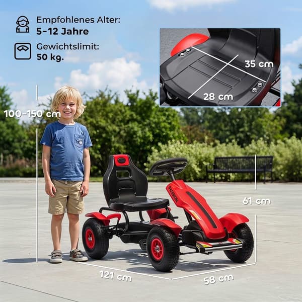 Børne-gokart med håndbremse, justerbart sæde, rød