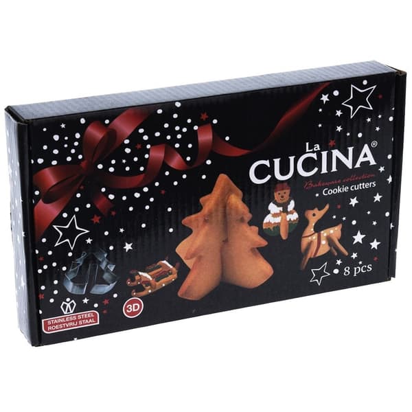 Set med 8 julformar för 3D-pepparkakor i rostfritt stål