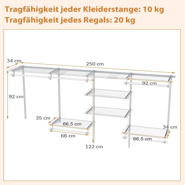 Udvidbart skabsorgansystem, 122-244 cm, hvid