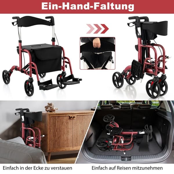 Let foldbar rollator og kørestol 2-i-1, rød