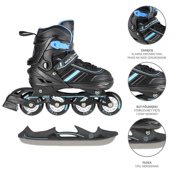2-i-1 inline & skøjter, sort/blå, størrelse L (34-38)