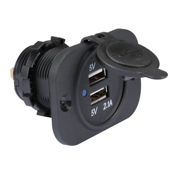 Infälld USB-billaddare (12-24 Vdc In, 2 X 5 V Out) Svart