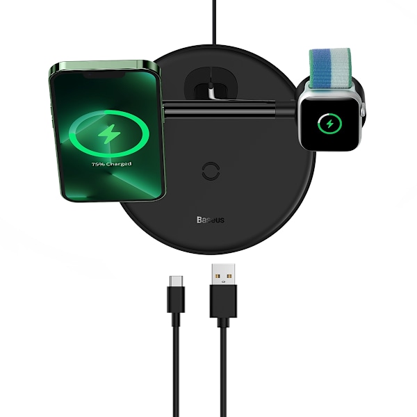 3-i-1-stativ induktiv oplader til iPhone Apple Watch AirPods + USB-C-kabel 1m sort