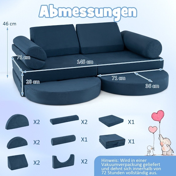 14-delt modulopbygget børnesofa legesofa lavet af skumbyggeklods sofa til klatring &amp; Kravlende marineblå