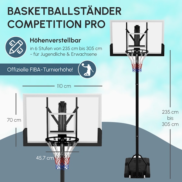 Basketkorg höjdjusterbar 295-365 cm med stativ och hjul, basketsystem för utomhusbruk, robust stål