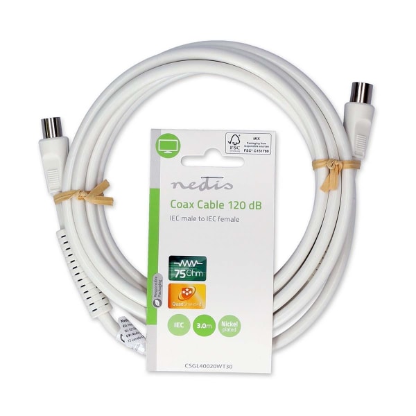 Coax Cable | IEC (Coax) Han | IEC (Coax) Hun | Nikkelplateret | 120 dB | 75 Ohm | Quad Skærmet | 3.00 m | Runde | PVC | Hvid | Label