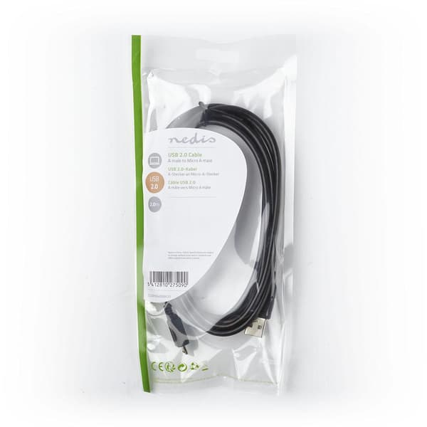 USB-kabel | USB 2.0 | USB-A Han | USB Micro-A | 480 Mbps | Nikkelplateret | 2.00 m | Runde | PVC | Sort | Plastikpose