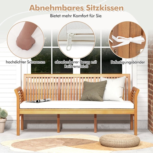 Patiopuinen penkki pehmeillä istuintyynyillä ja ergonomisella selkänojalla ulkopenkki
