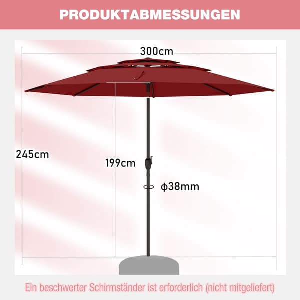 Vindafvisende terrasseparasol, 300 cm, vippe- og drejefunktion, rød