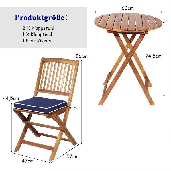 3 kpl. Patiohuonekalusetti, jossa pyöreä pöytä ja 2 tuolia ja 2 tyynyä, ergonominen istuinsetti, sininen