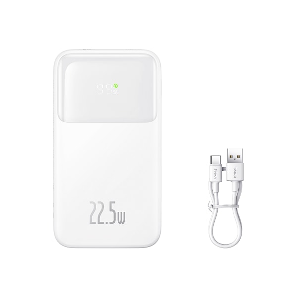 Powerbank med display 10000mAh 22,5W Comet Series + USB-A - USB-C-kabel 0,3m vit