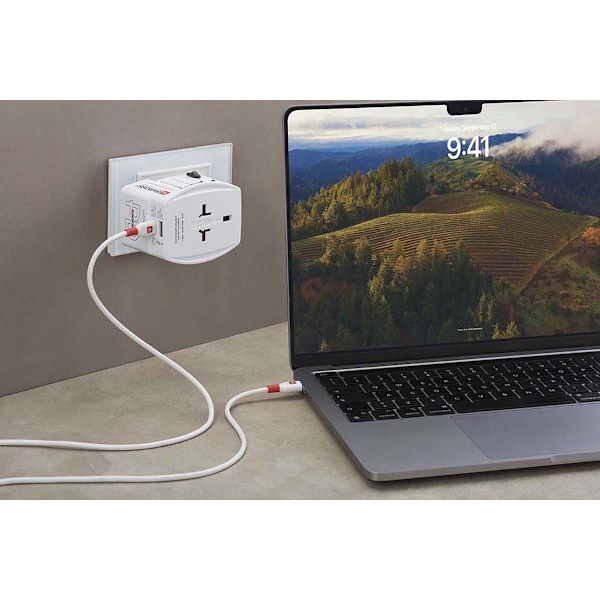 Reseadapter 2-polig världsreseadapter med integrerad Dual USB-laddare (1x USB C & 1 x USB) 45 Watts strömförsörjning