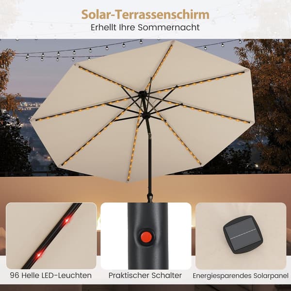 Terrasseparaply 300 cm med Solar LED-lys, 9 tilstande