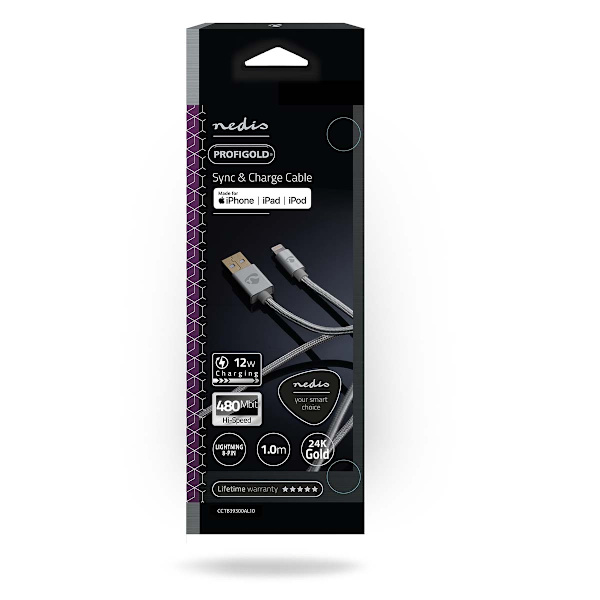 Lightning Kaapeli | USB 2.0 | Apple Lightning 8-Pin | USB-A Uros | 480 Mbps | Kullattu | 1.00 m | Pyöreä | Nailon / Punottu | Alumiini | Laatikko kann