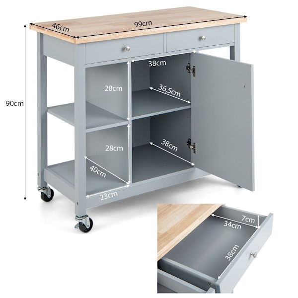Køkkenvogn med hjul Køkkenø med bordplade Serveringsvogn med 2 skuffer 99 x 46 x 90 cm Grå