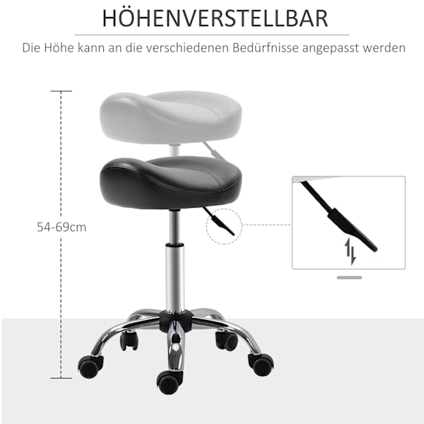 Rulleskammel, højdejusterbar arbejdsskammel med hjul, roterende salontaburet til massage, kunstlæder, sort, 48 x 48 x 54-69 cm