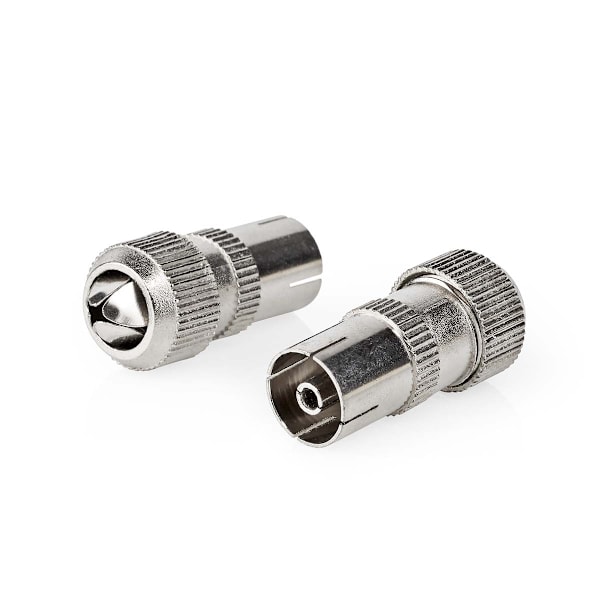 IEC (coax) | Rak | Hona | Nickelplaterad | 75 Ohm | Skruva | Kabel input diameter: 7.0 mm | Metall | Silver | 2 st. | Låda