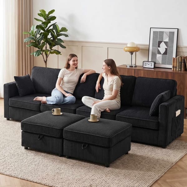 4-sits U-formad manchestersoffa med förvaringsfotpall