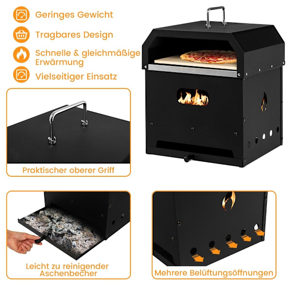 Bärbar multifunktionell 4-i-1 pizzaugn med lock och 2 lager svart