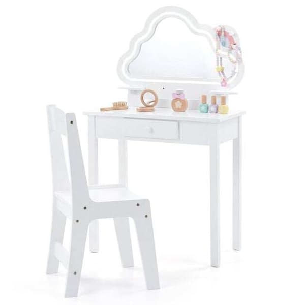 Barnmöbelset med LED-molnspegel och pall, vit