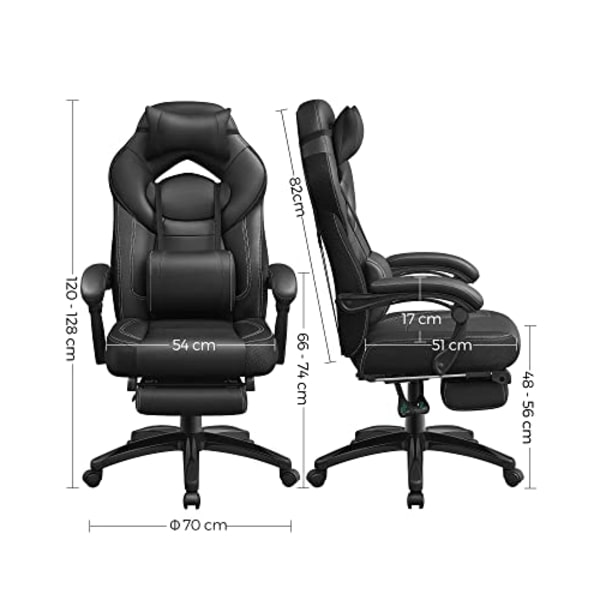 Ergonominen musta pelituoli, jossa jalkatuki ja ristiselän tuki