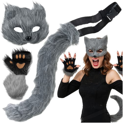 Katt/Rävkostymset – Mask, Svans, Tassar, Grå