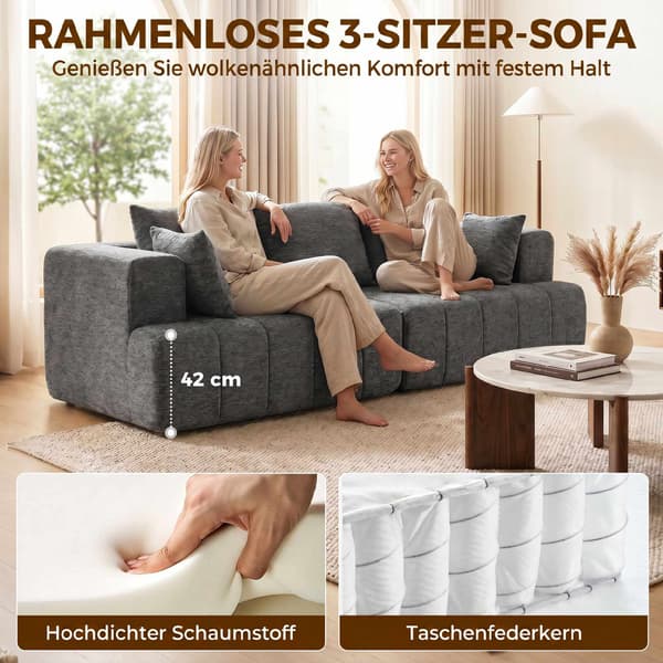 3-sits grå chenille molnsoffa med kuddar