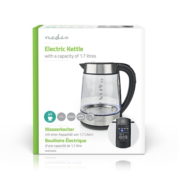 Elkedel | 1.7 l | Glas | Gennemsigtig | 60,70,80,90,100 °C | Temperaturindikator | Drejelig 360 grader | Skjult varmeelement | Strix®-controller | Bes